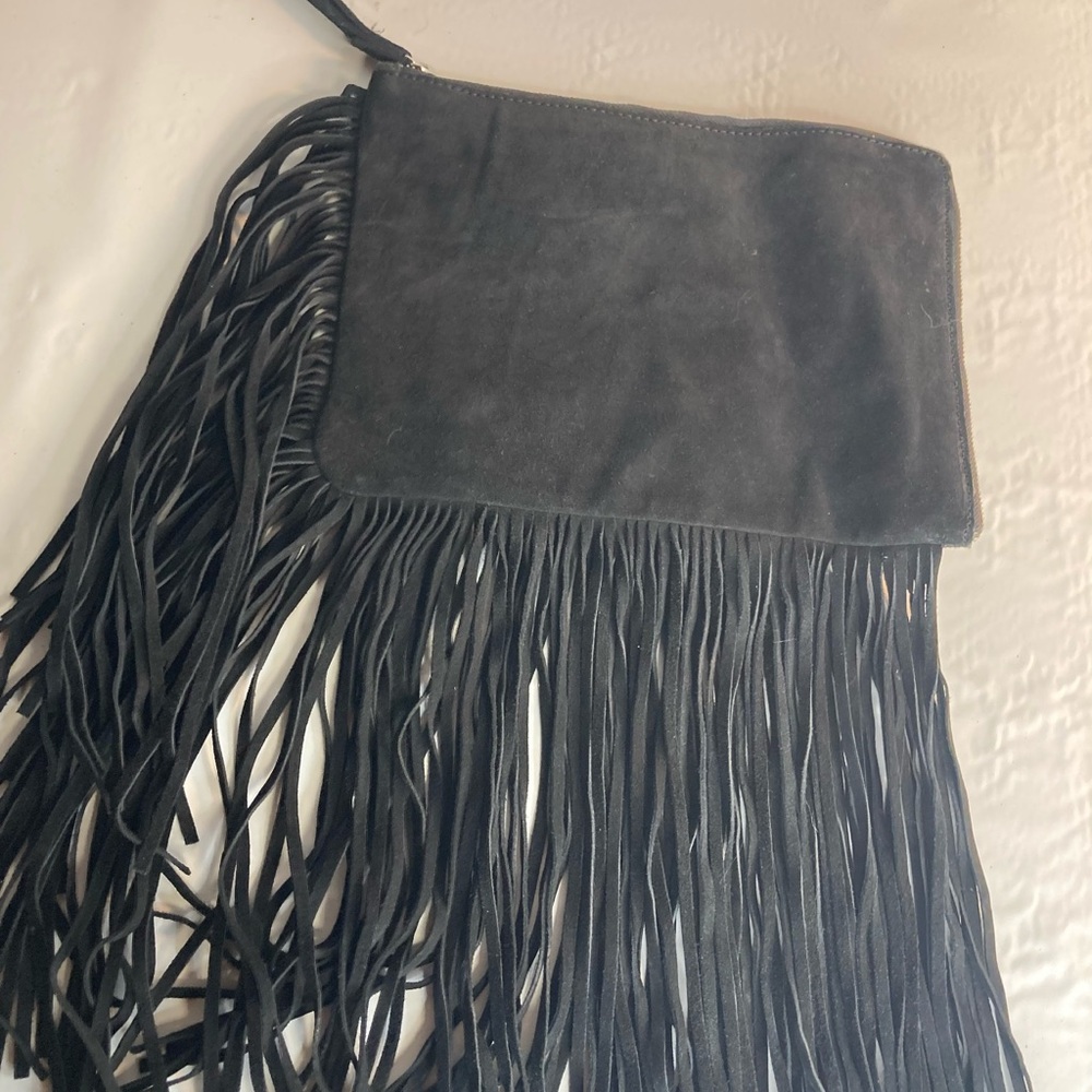 Grupo Inditex Black Fringe Suede Wristlet